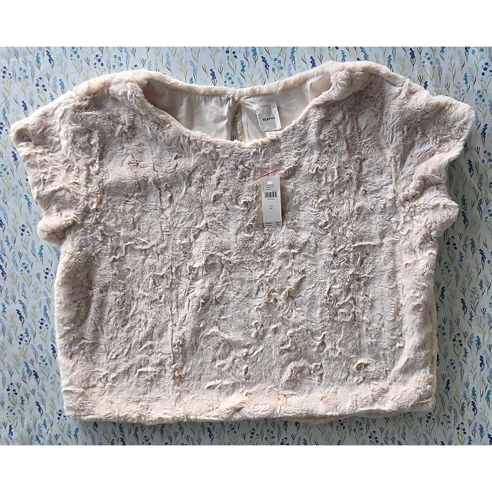 Maeve Anthropologie Cream Faux Fur Short Sleeve Top Keyhole Back XL NWT‎
